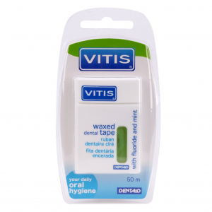 Нить межзубная в твердой упаковке Vitis Waxed Dental Tape with Fluoride and Mint 50 м